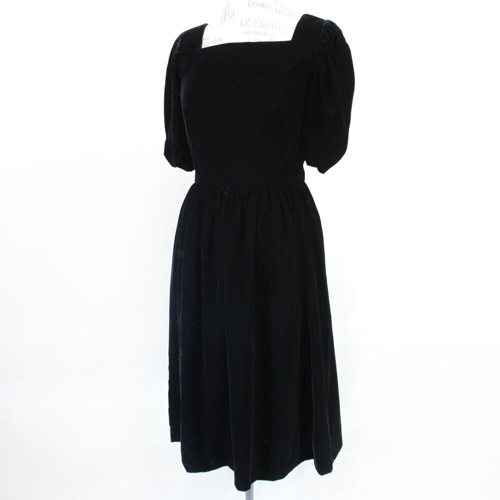 Kappi Vintage Black Velvet Puff Sleeve Midi Dress Old Money Glam Size 8